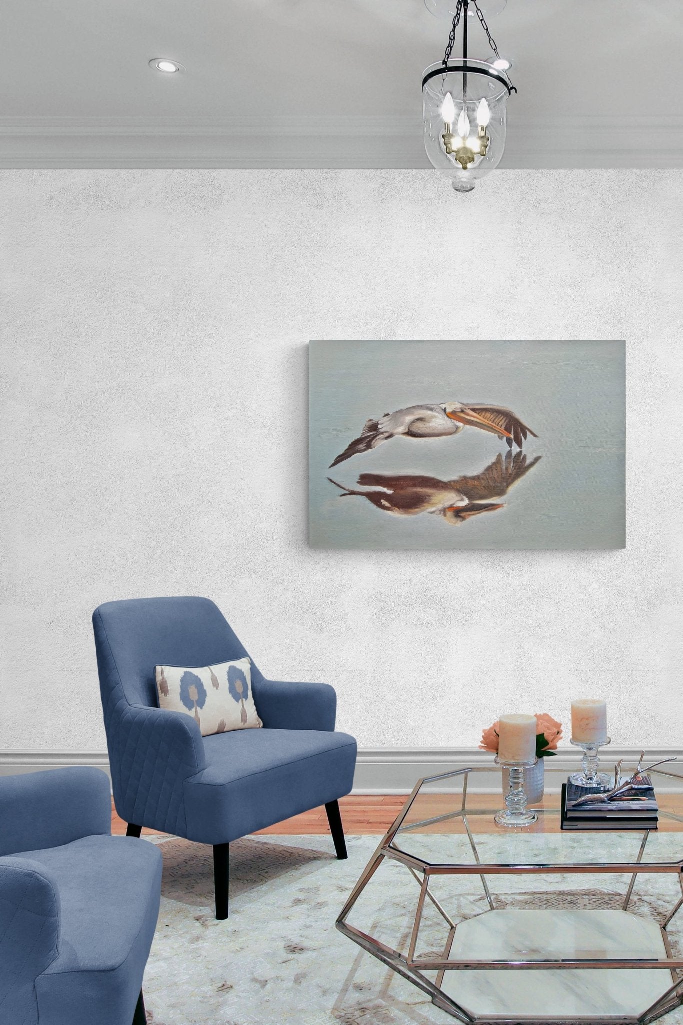 Contemporary Nature Painting brings nature & conversation into this blue living space