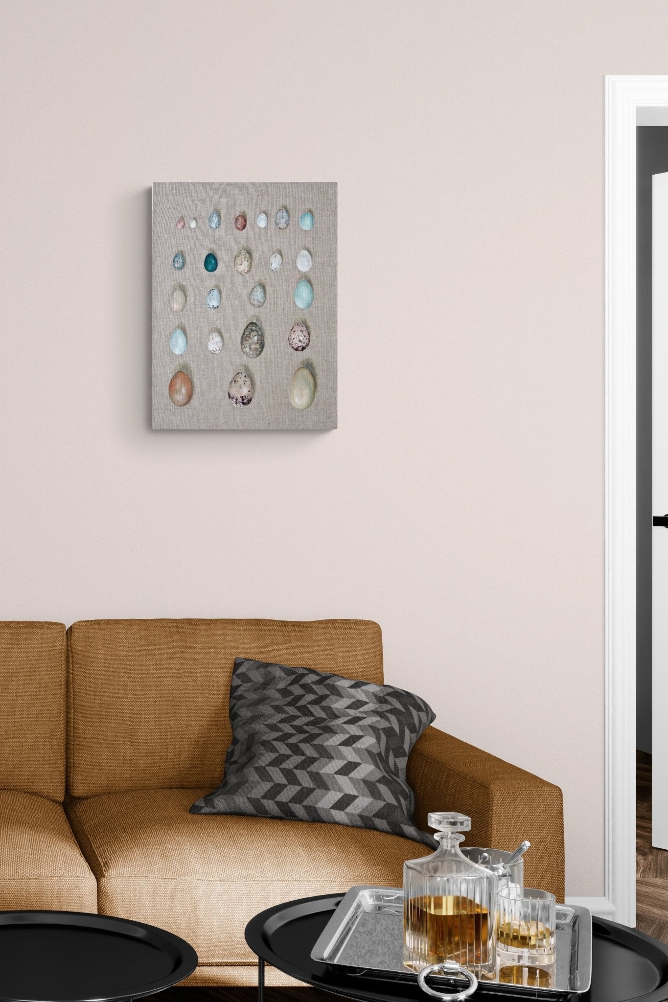 Contemporary Bird Egg Painting adds nature & conversation to this lounge room
