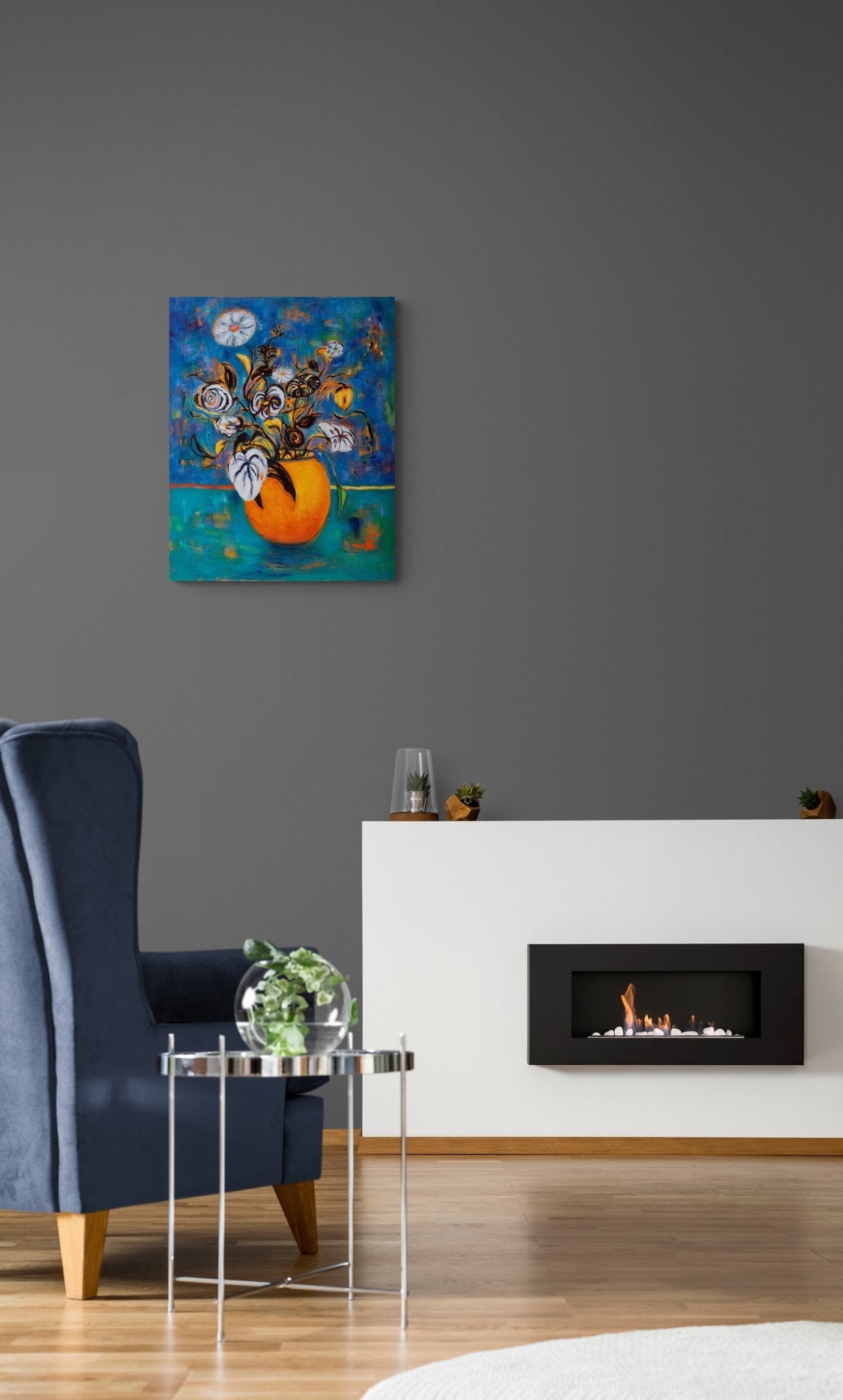 Floral Abstract Painting adds bold color and life force to this living space