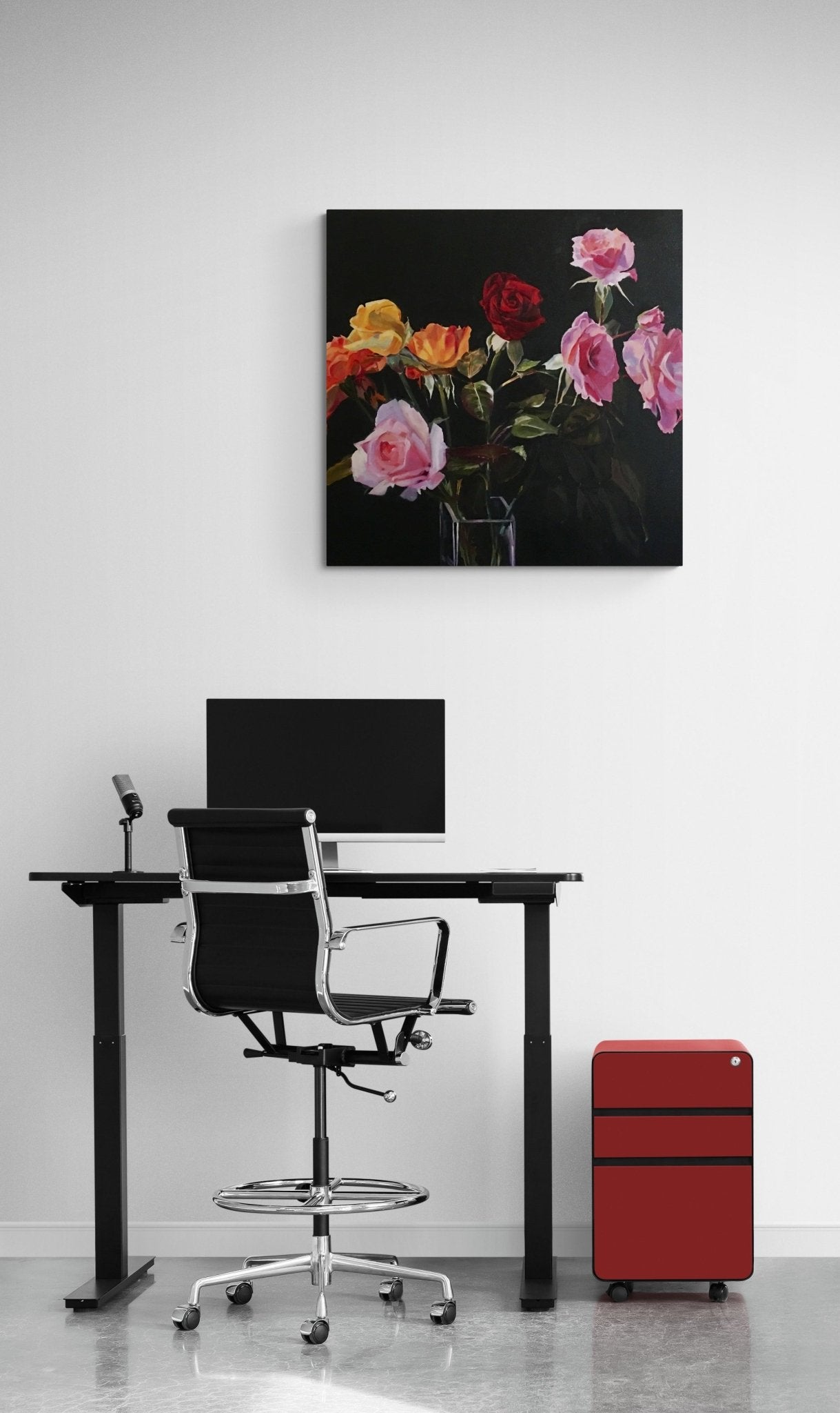 Contemporary Red & Pink Floral Painting adds feeling & life to this simple office