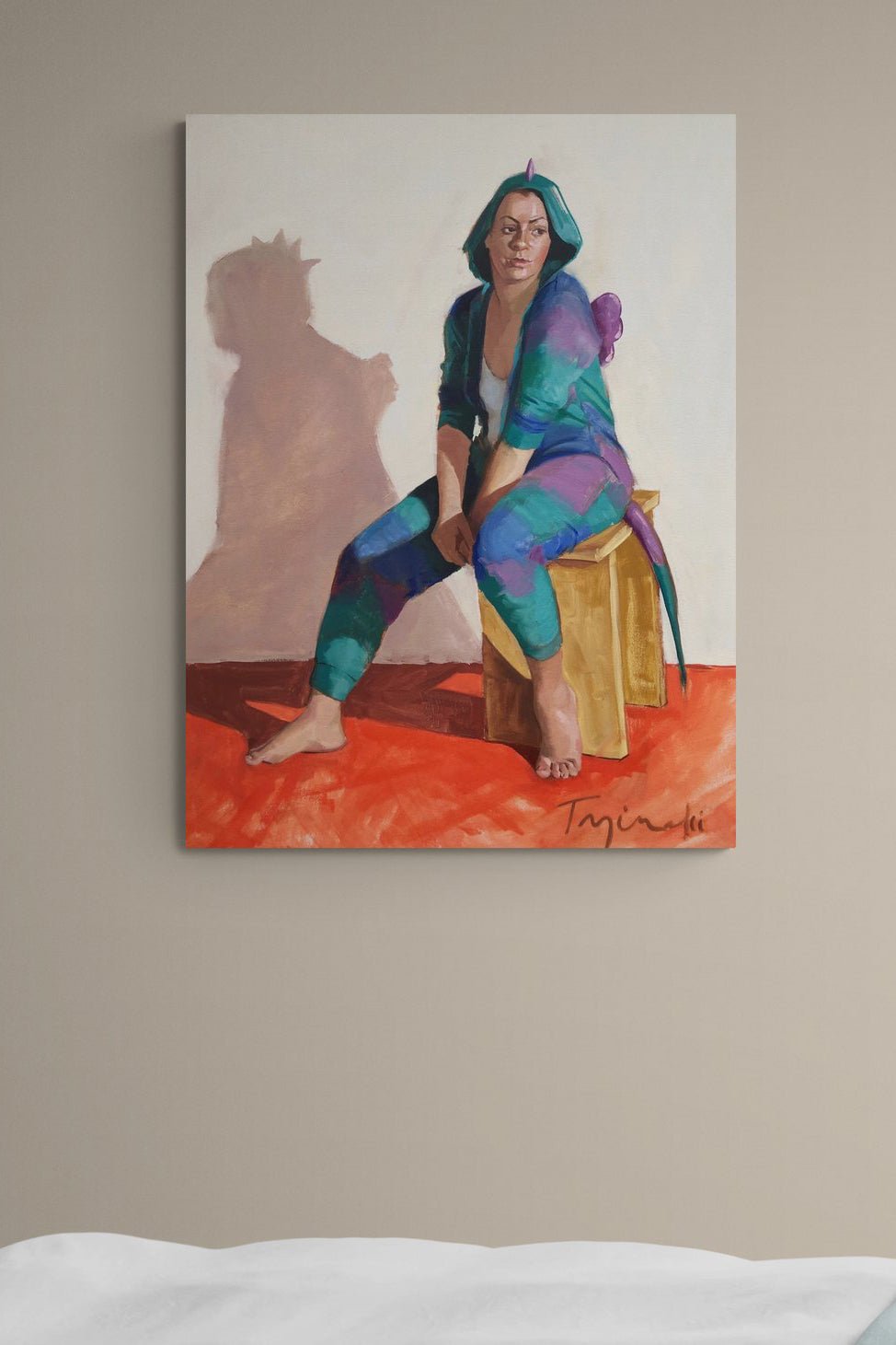 Contemporary Figural Painting adds color, emotion & warmth to this cozy bedroom