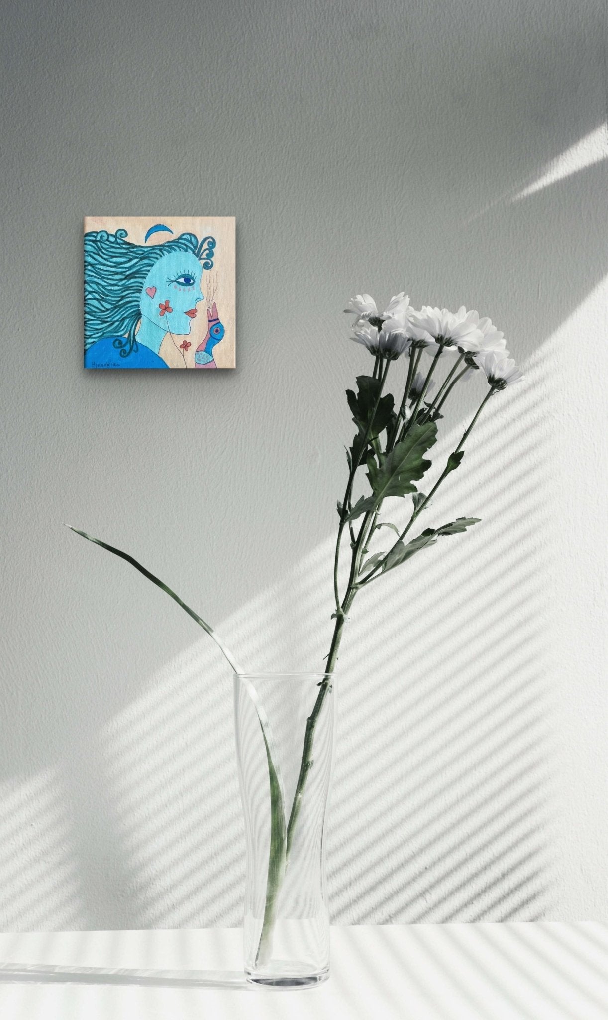 Small Scale Female Figurative painting, playful use of blue on this tabletop