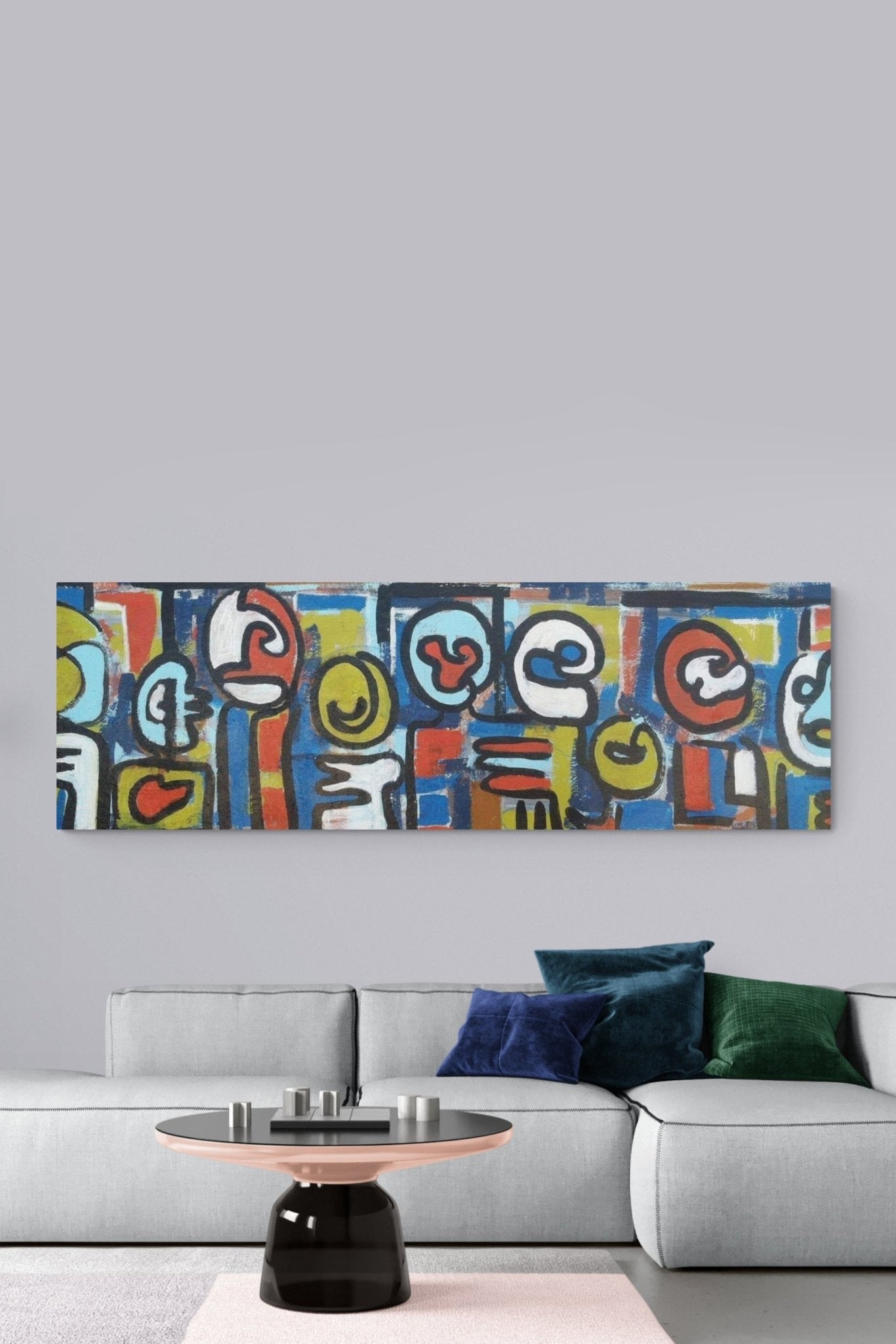 Bold Abstract Mexican Painting, striking blue & red adds life to this modern living room