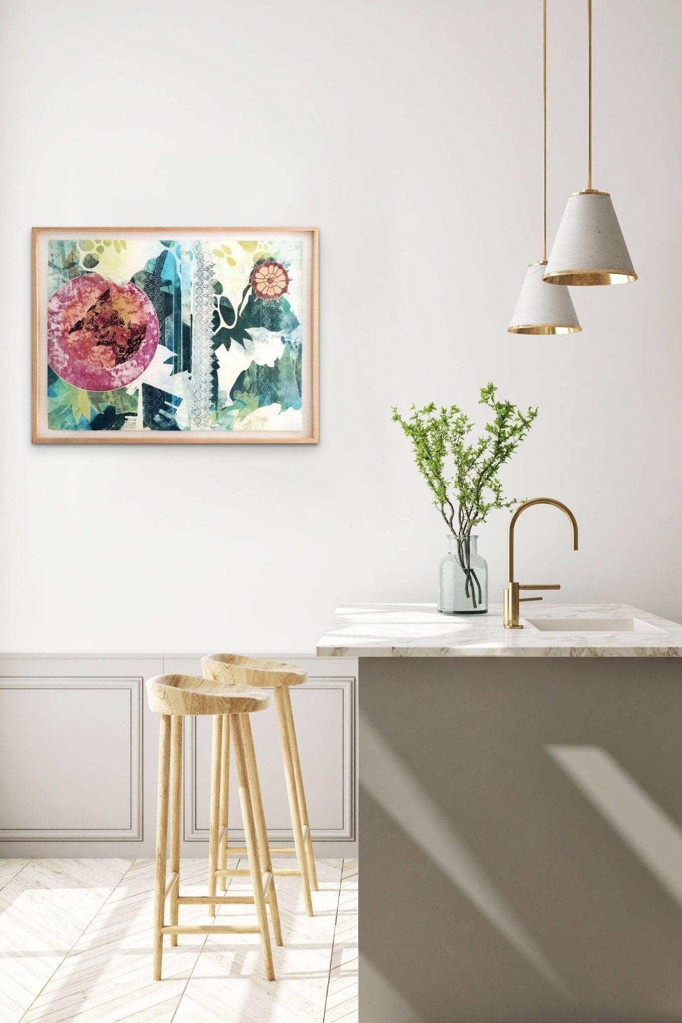Abstract Painting adds life, artistic conversation, color to this modern kitchen