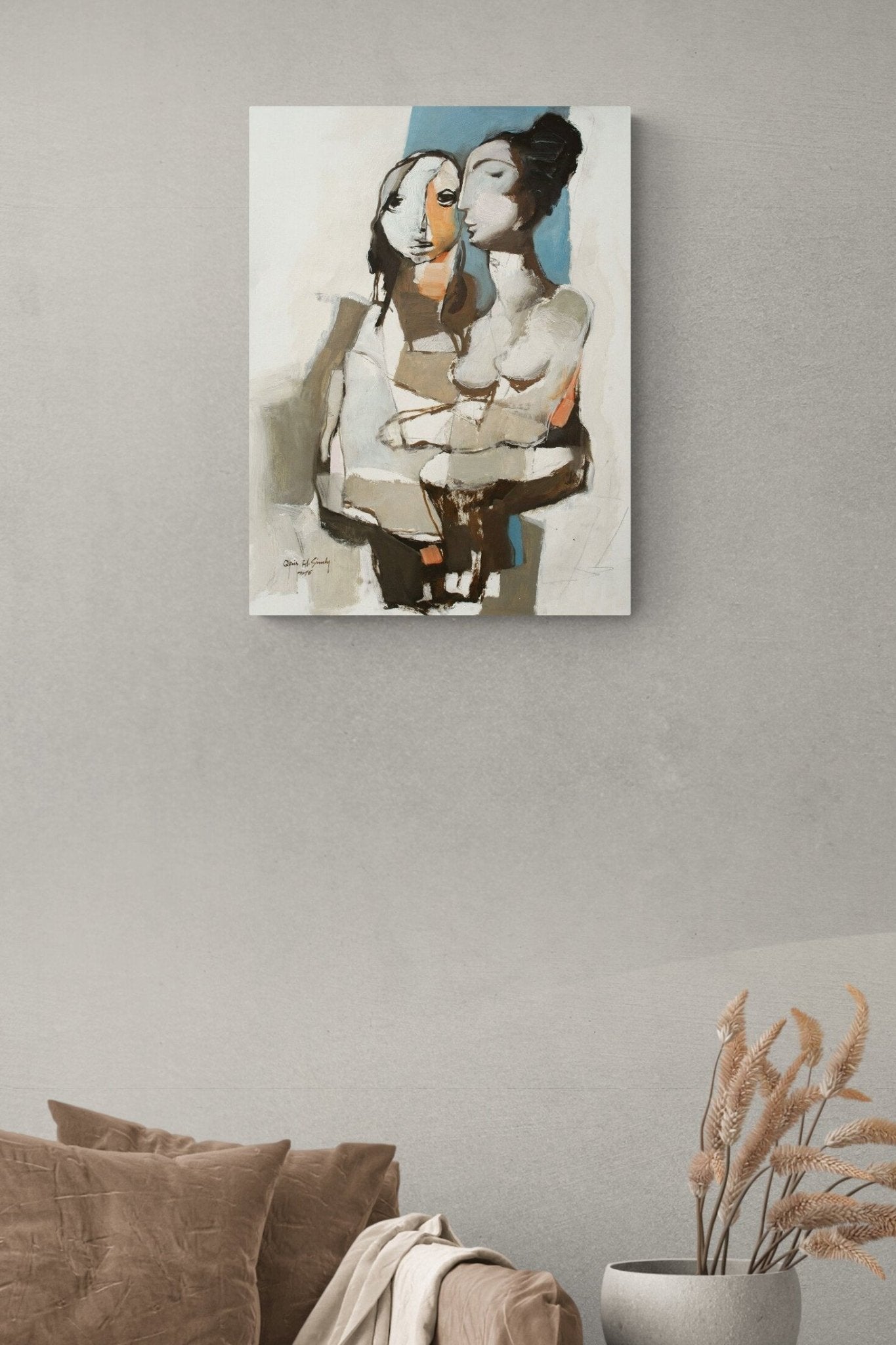 Abstract figurative painting with a hint of warmth & pink is perfect for this cozy corner