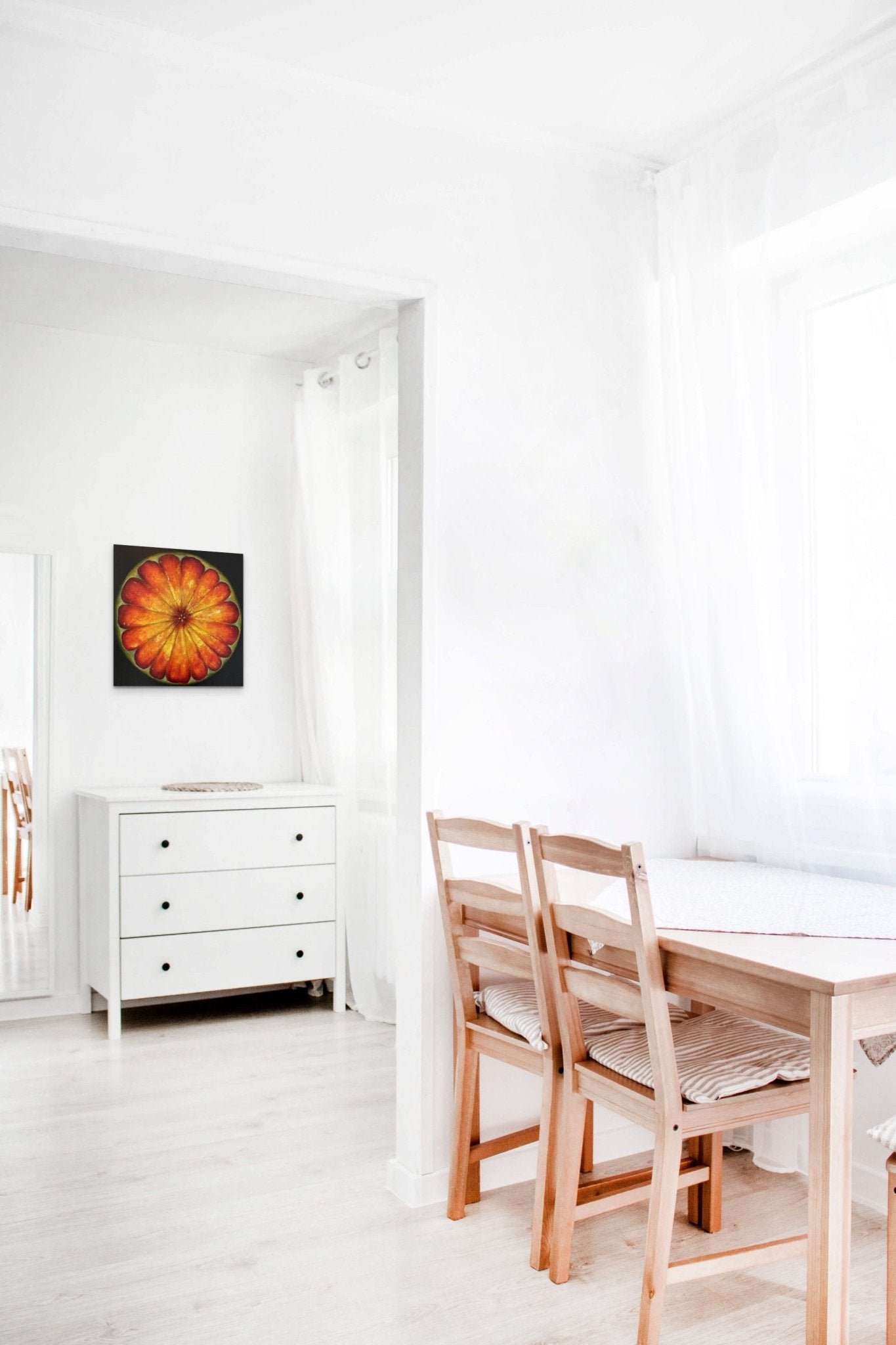 Fruit Still Life Painting adds a balance of bold color, nature & life to this minimal bedroom