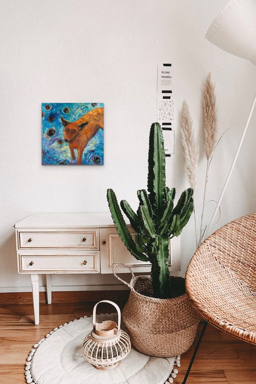 Impressionistic Dog Painting, brings energy & a blue starry night to this cozy living space