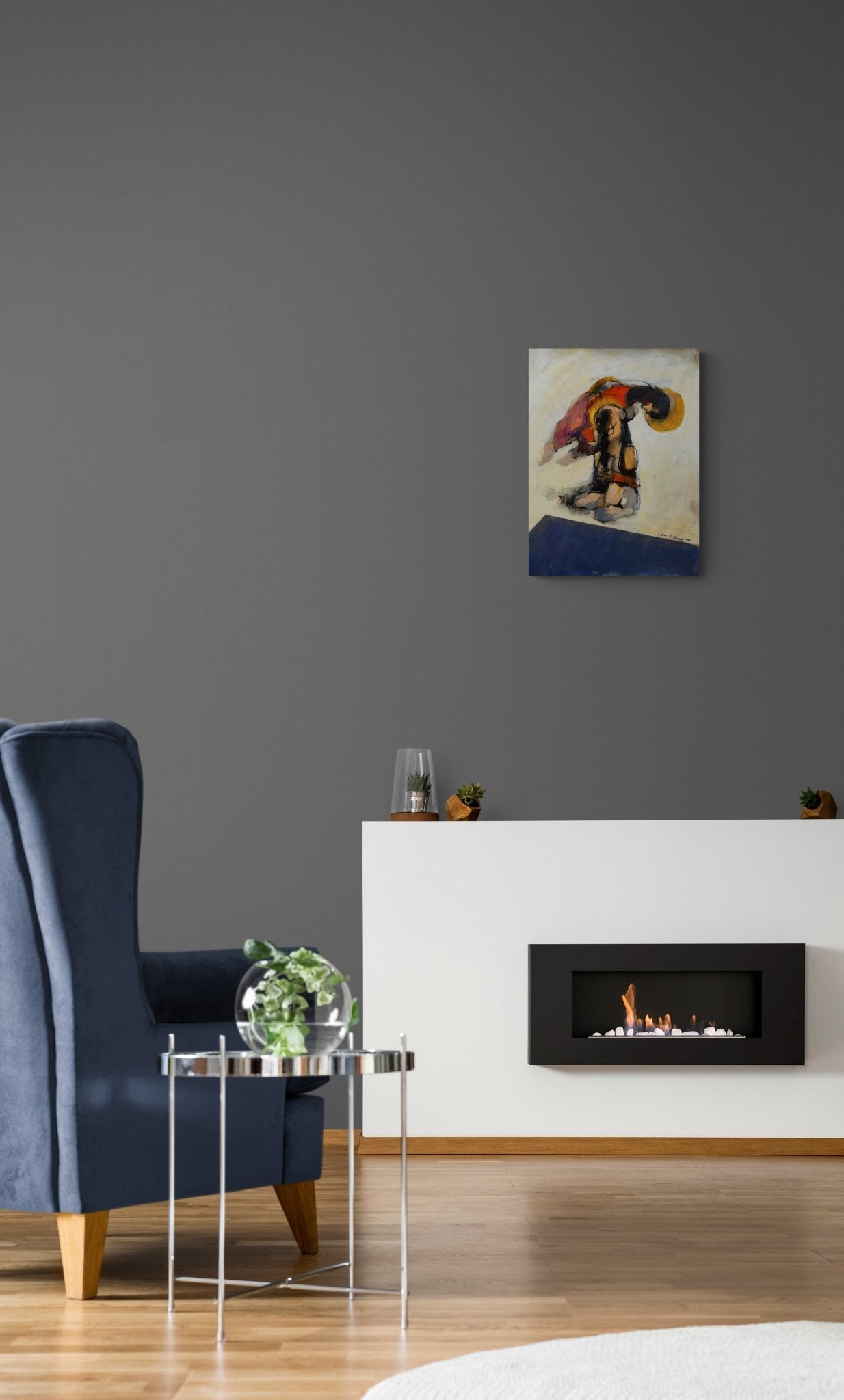 Intimate Figural Abstract Painting with male & female adds energy by the fireplace