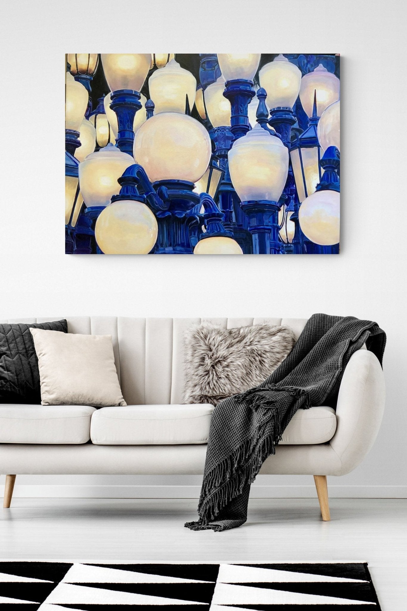 LA, California LACMA Street Lights painting lights up this contemporary living room
