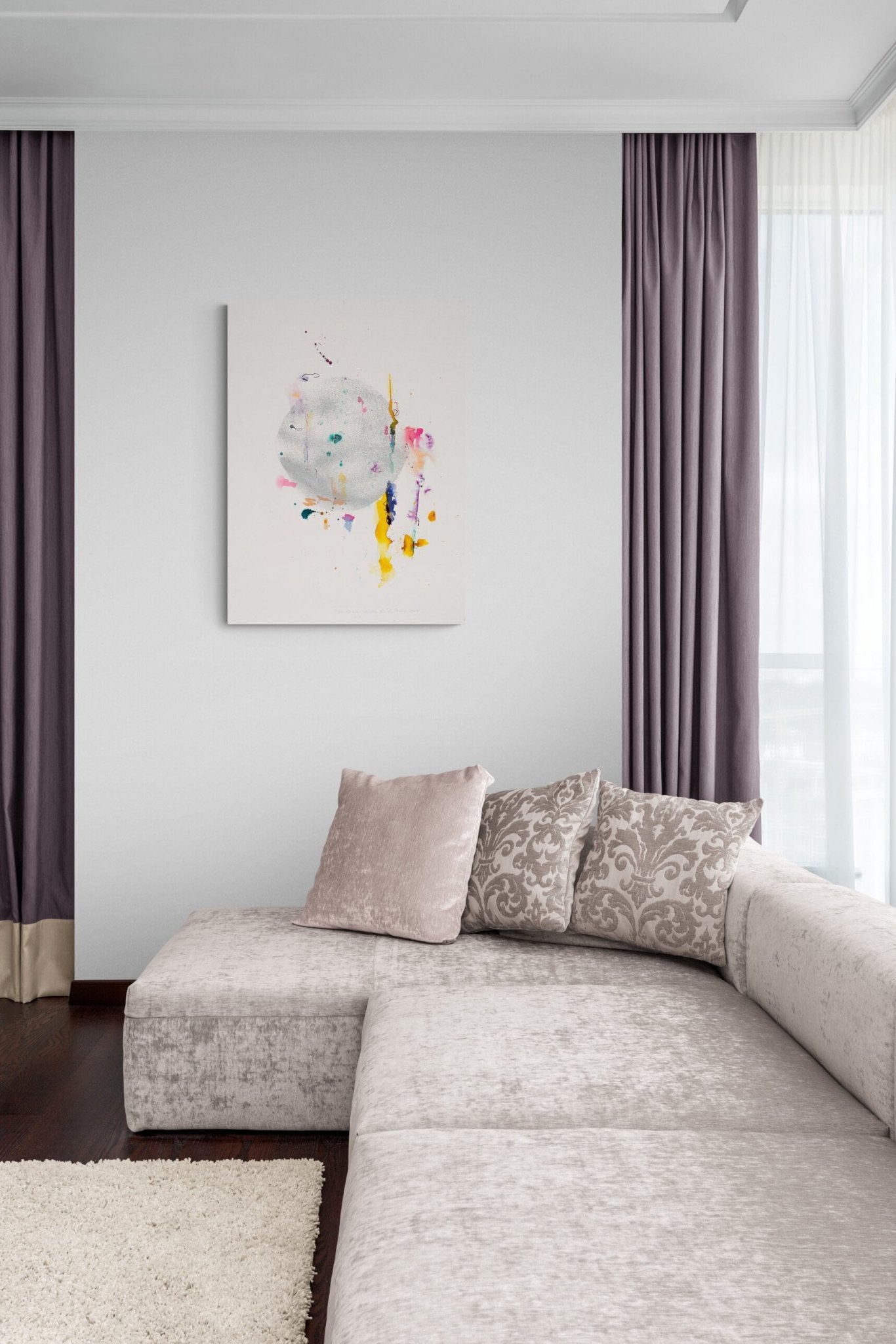 Elegant Expressive Painting brings soft color & conversation to this luxury living room
