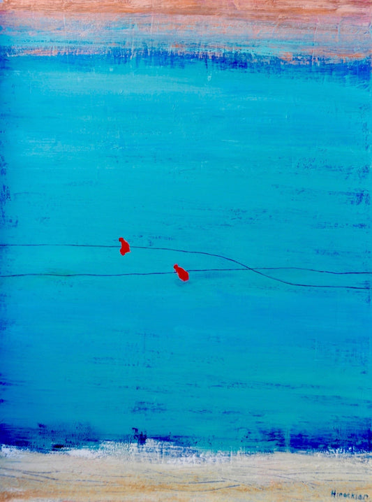Contemporary Blue Abstract Art with Red Birds