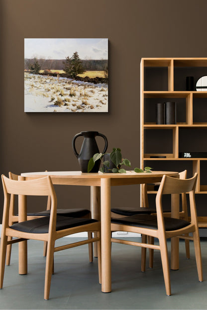 Winter Landscape painting with snow, grass, trees in New England. White, yellow, & browns give the nature life 