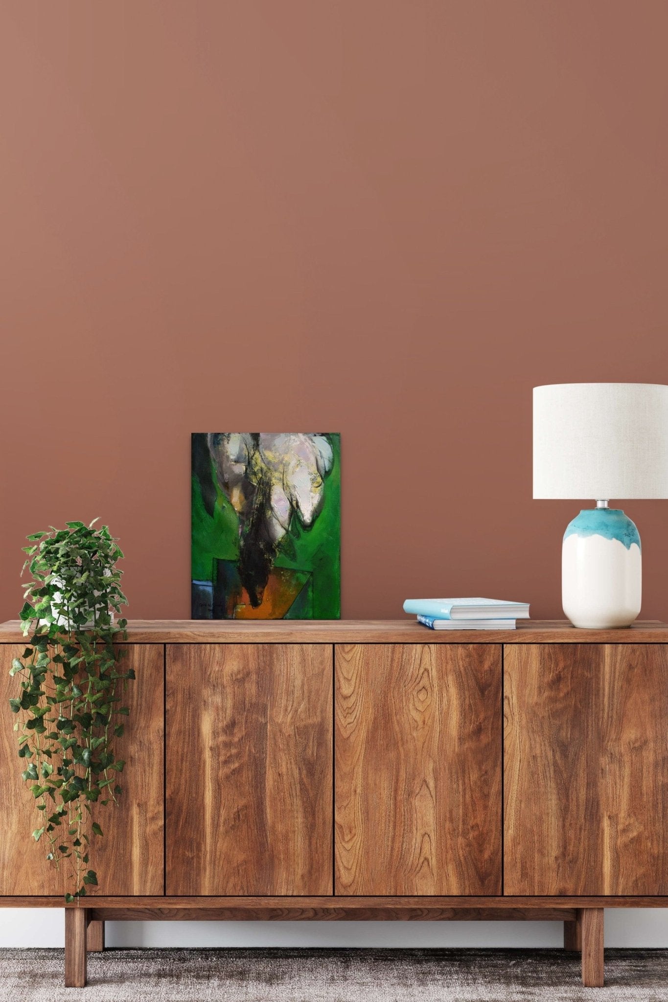Equestrian Abstract artwork in green, white & black fills this hallway with feeling