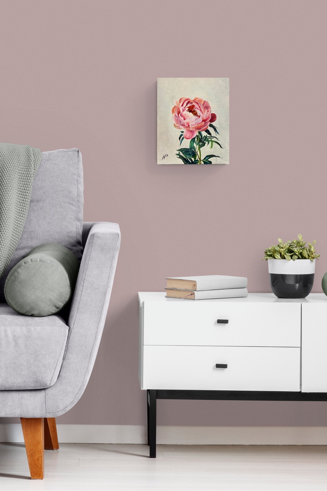 Rose Floral Painting adds color, feeling & conversation to this bedroom