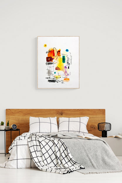 Abstract Heart Art with strong colors and bold lines brings energy to this cozy bedroom