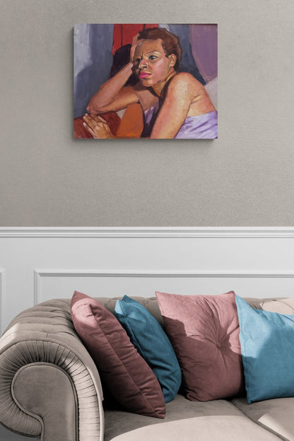 Female Figurative Painting, deep red & purple adds emotion to this classic living room