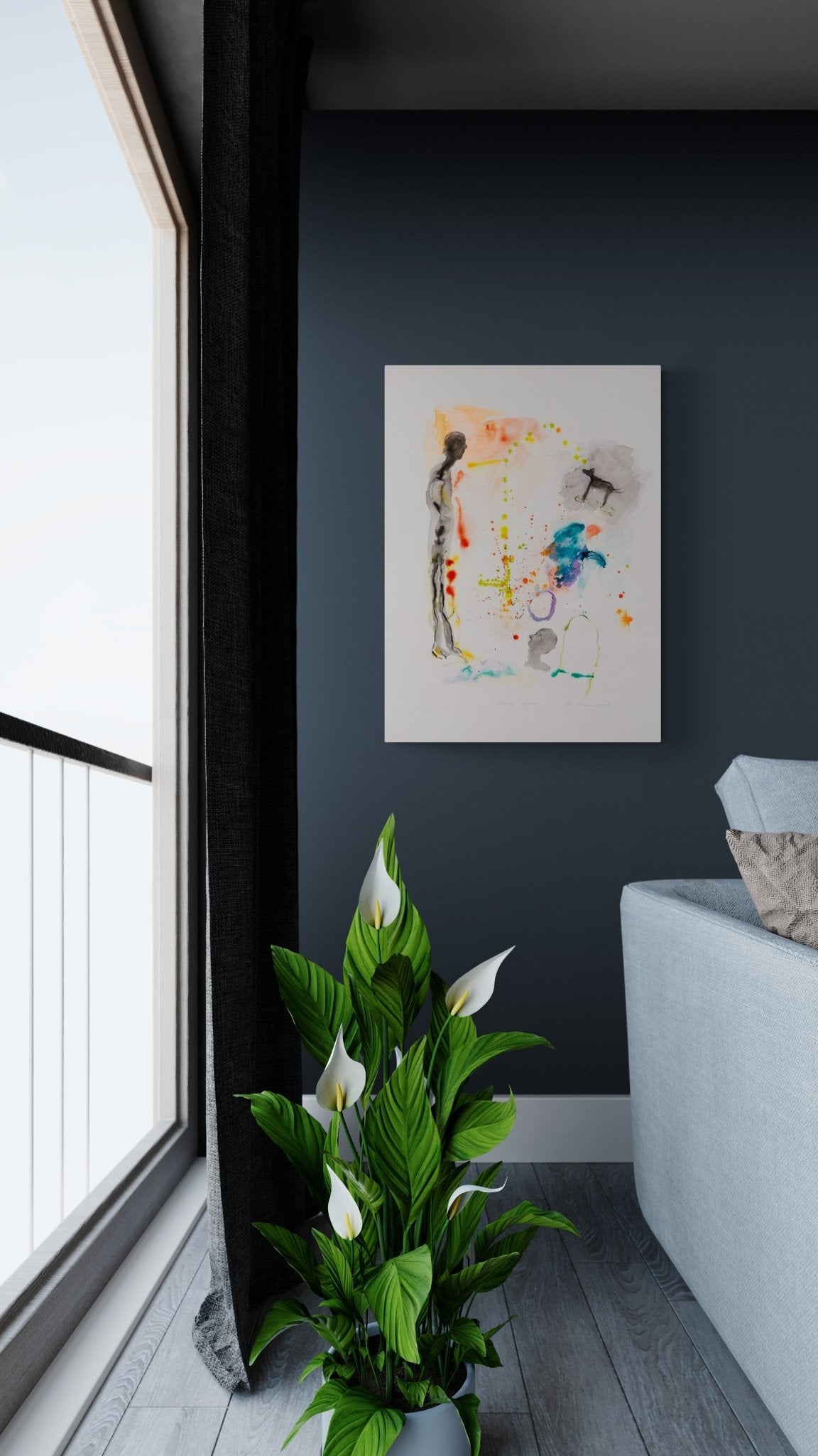 Conversational Expressive Painting, color & gestural lines pair well in this living room