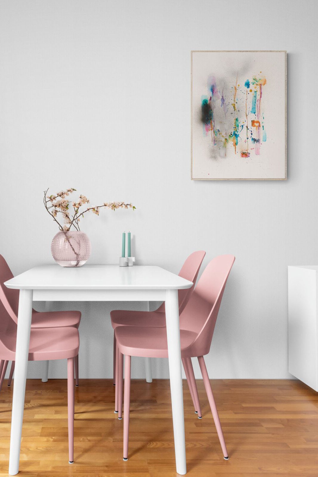 Expressionistic Colorful Painting adds  nature rhythms & life poetry to this dining area