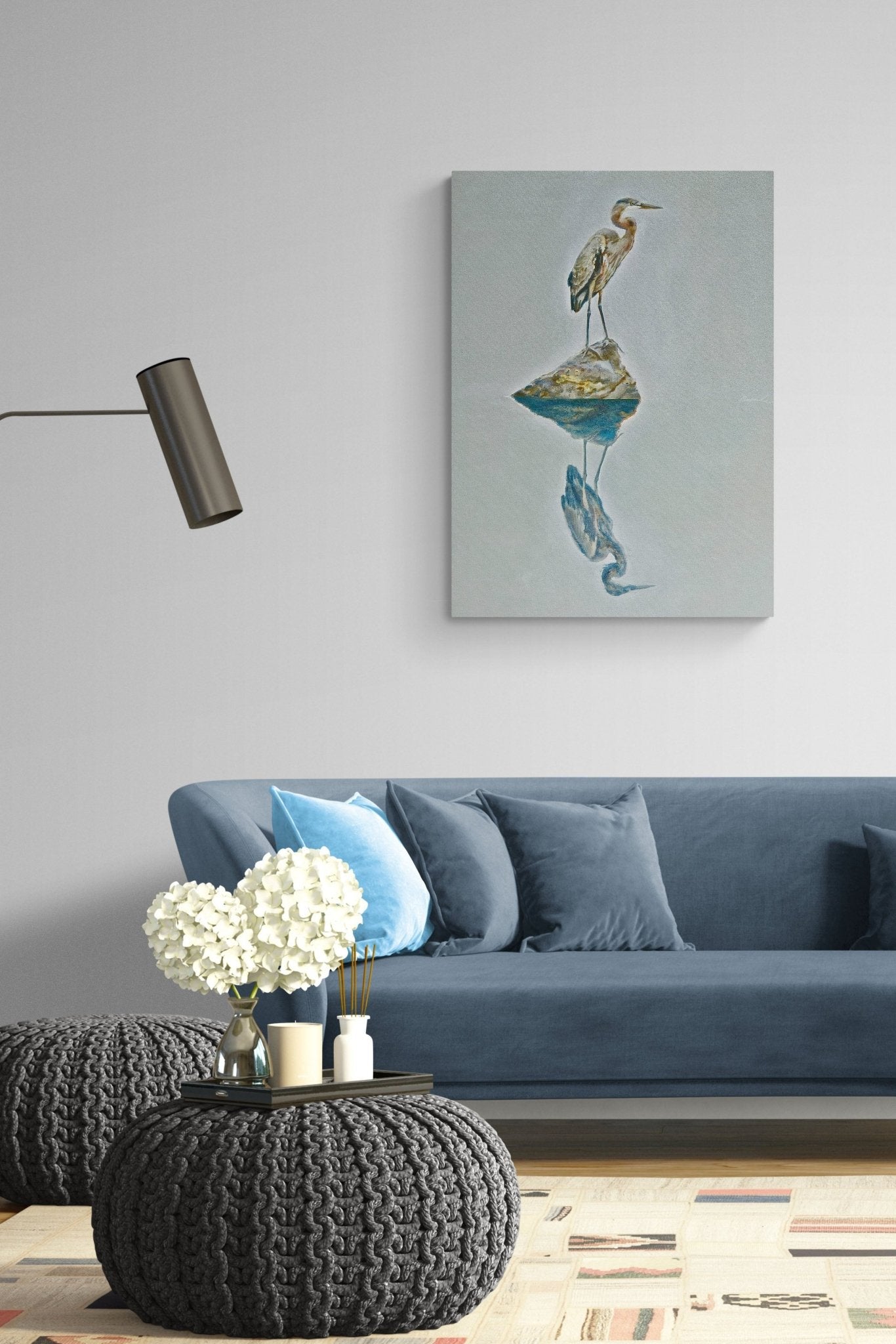 Contemporary Seascape Painting of a bird gives this family room nature and warmth