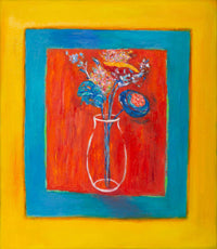 Contemporary Floral Art with bold red, blue & yellow colors, anchors this Matisse like vase
