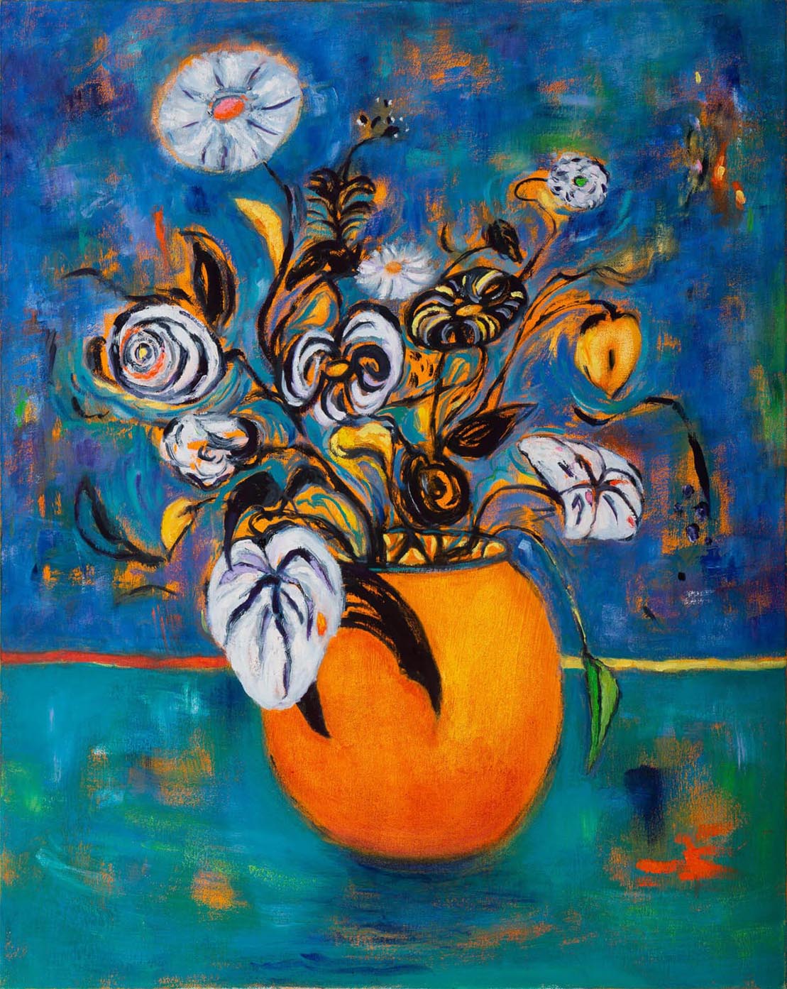 Contemporary Floral Abstract Art with blue & black anchored by an orange vase.