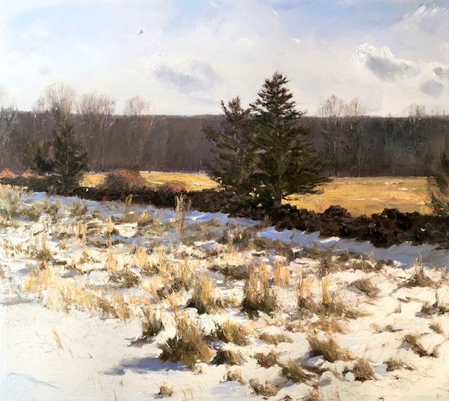 Winter Landscape painting with snow, grass, trees in New England. White, yellow, & browns give the nature life 