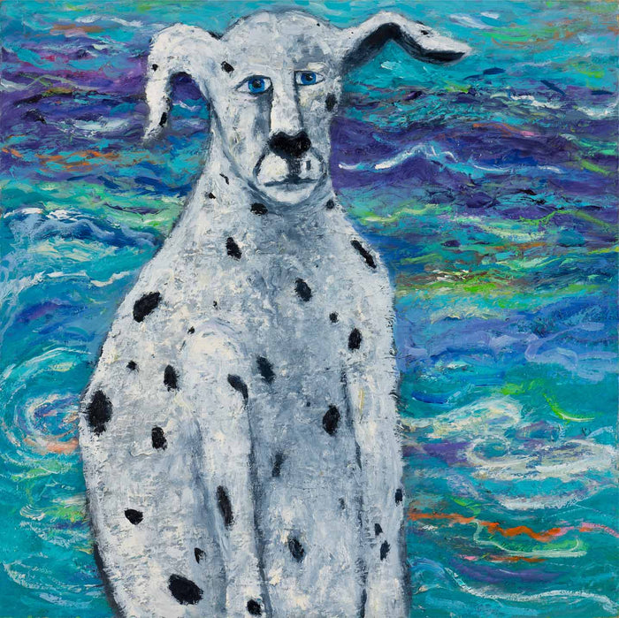 Contemporary Dog Impressionistic Art with emotion and deep blue and green colors