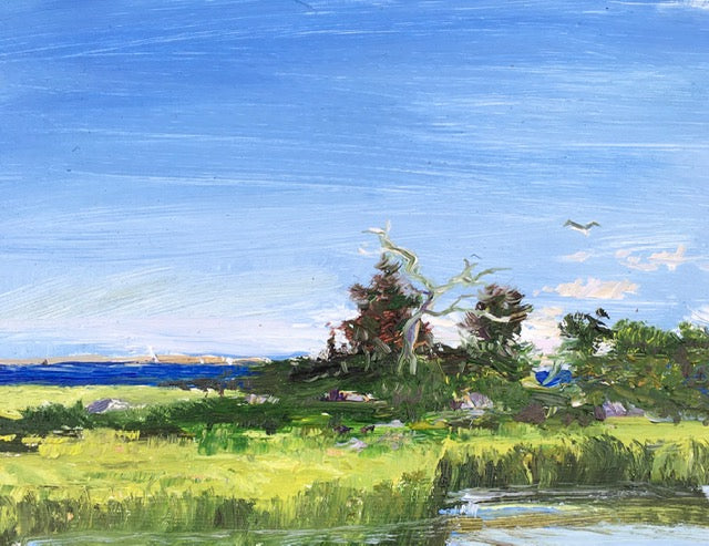 Small Scale Impressionism New England Art, blue & green capture this landscape coastline