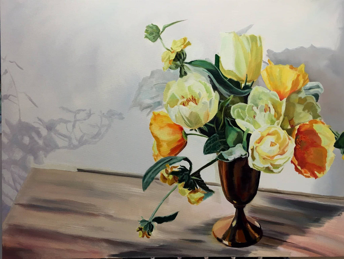 Contemporary Floral Painting with bold yellow colors and shadows into another story