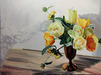 Contemporary Floral Painting with bold yellow colors and shadows into another story