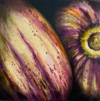 Contemporary Plant Still Life Art; deep purple color, bold light & dark shadows to give depth