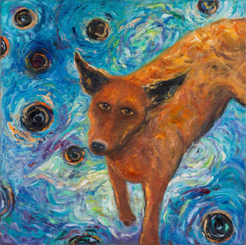 Contemporary Impressionistic Art with a brown dog amidst a blue & black Starry Night