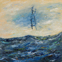 Contemporary Impressionistic Seascape Art, deep blue, muted yellow & thick brushstrokes