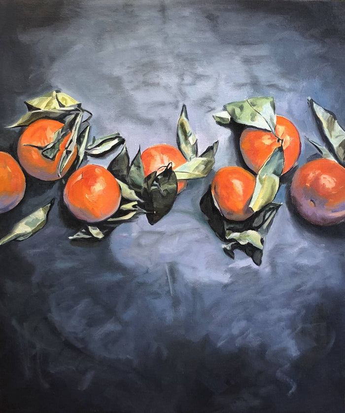 contemporary fruit painting with a chorus of bold oranges