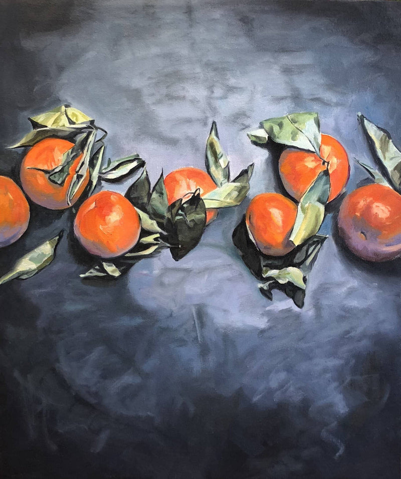 contemporary fruit painting with a chorus of bold oranges