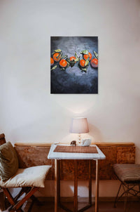 Contemporary Fruit Painting, bold orange & dramatic background  adds life to this cafe'. 
