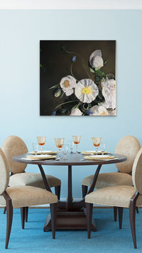 Elegant Floral Dream Painting adds bold contrast in this striking dining room  