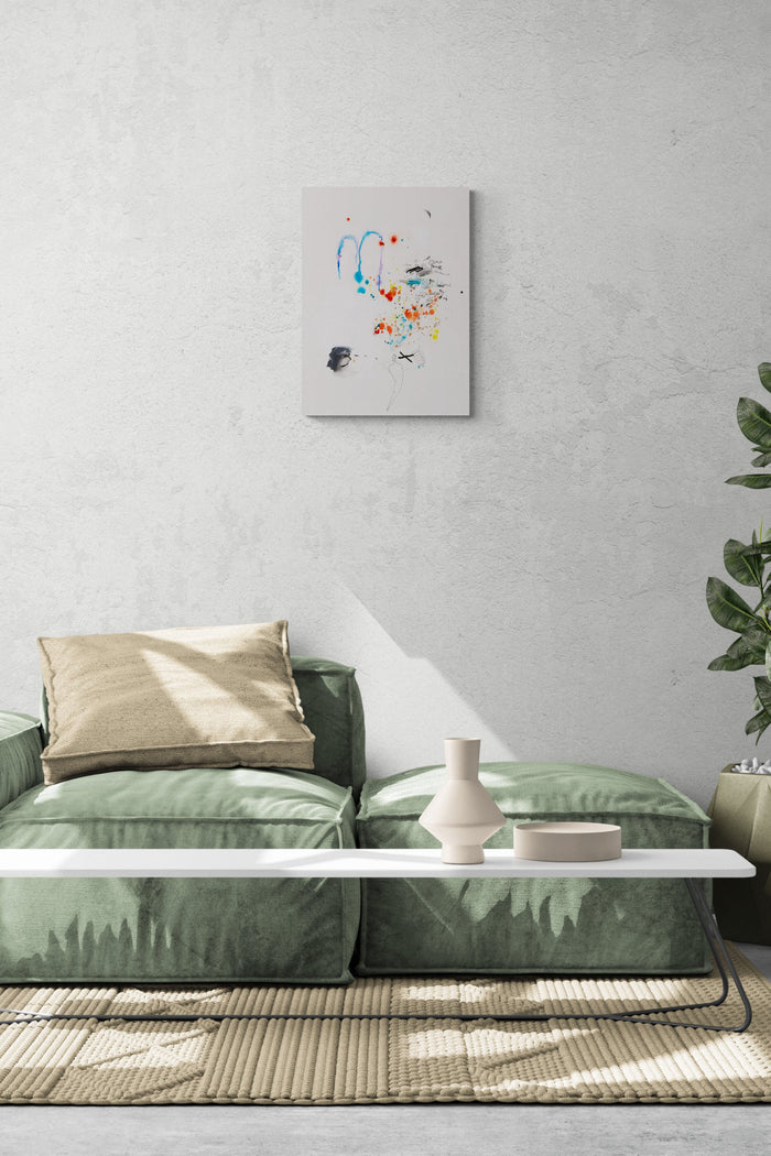 Abstract expressionistic painting adds life & conversation to this calm living space