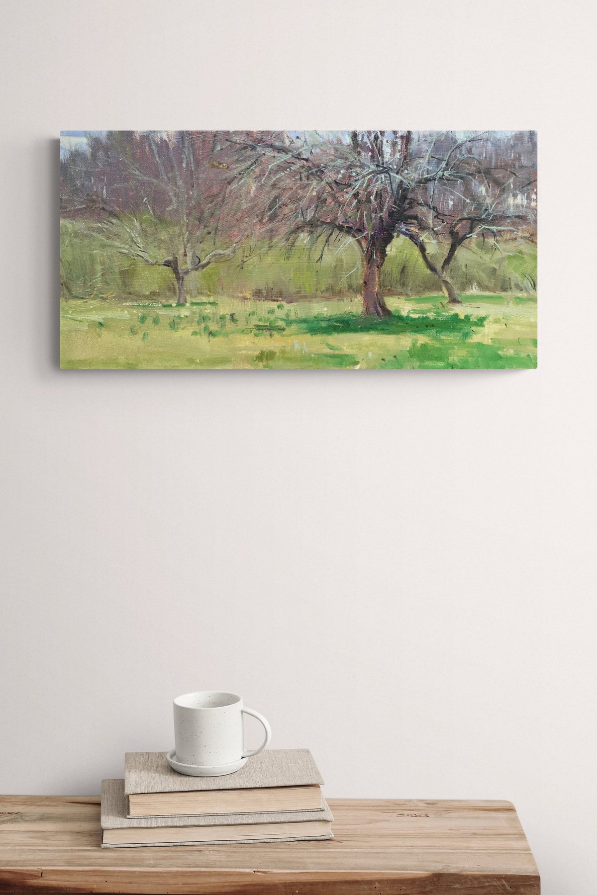Contemporary Landscape Tree Painting adds nature and green life to this simple office