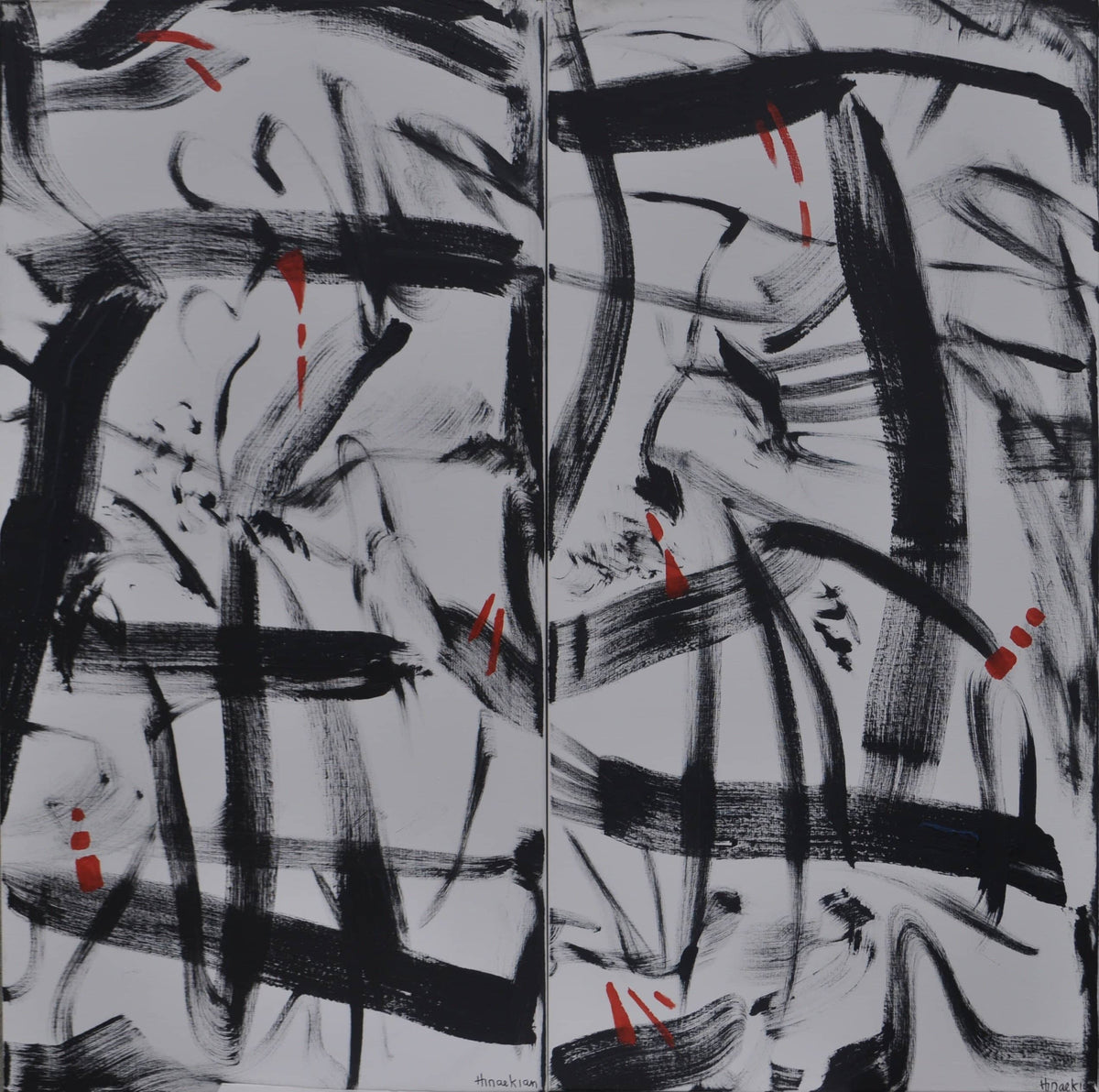 Contemporary Abstract Art with bold black lines with red depicting birds in Arabesque