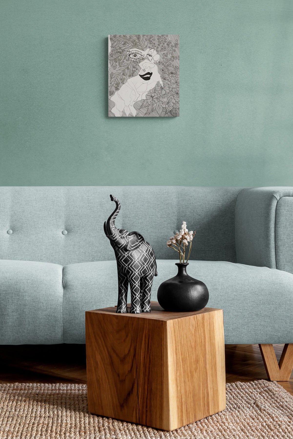 Striking Figural Female Painting in greyscale compliments this natural living space