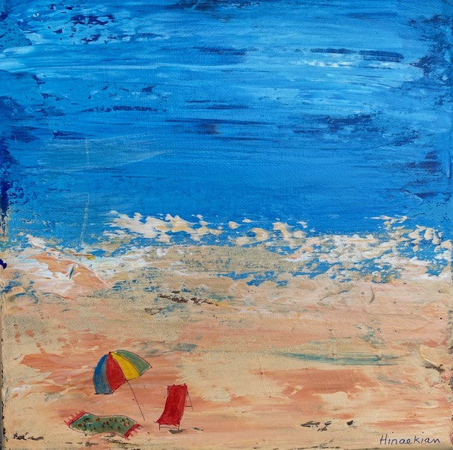Small Scale Impressionistic Abstract beach painting with strong blue & neutral colors