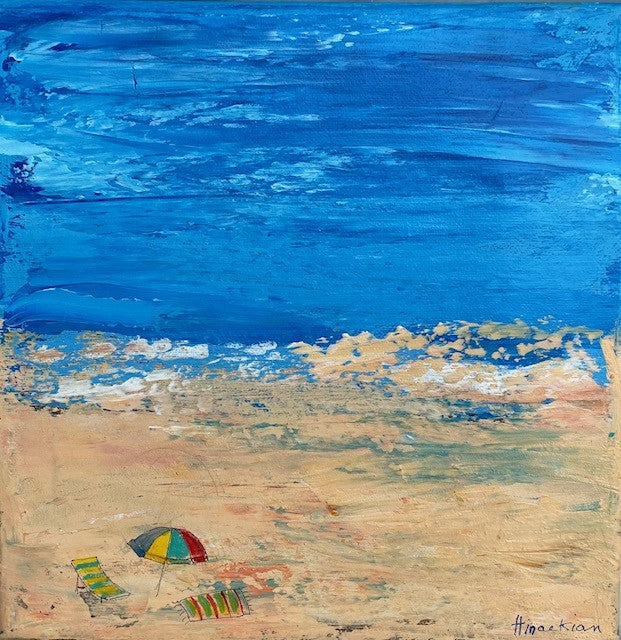 Small Scale Impressionistic Abstract beach painting with strong blue and neutral colors