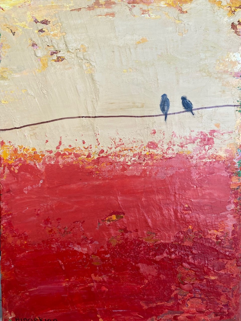 Small Scale Impressionistic Abstract bird painting with strong red & neutral colors