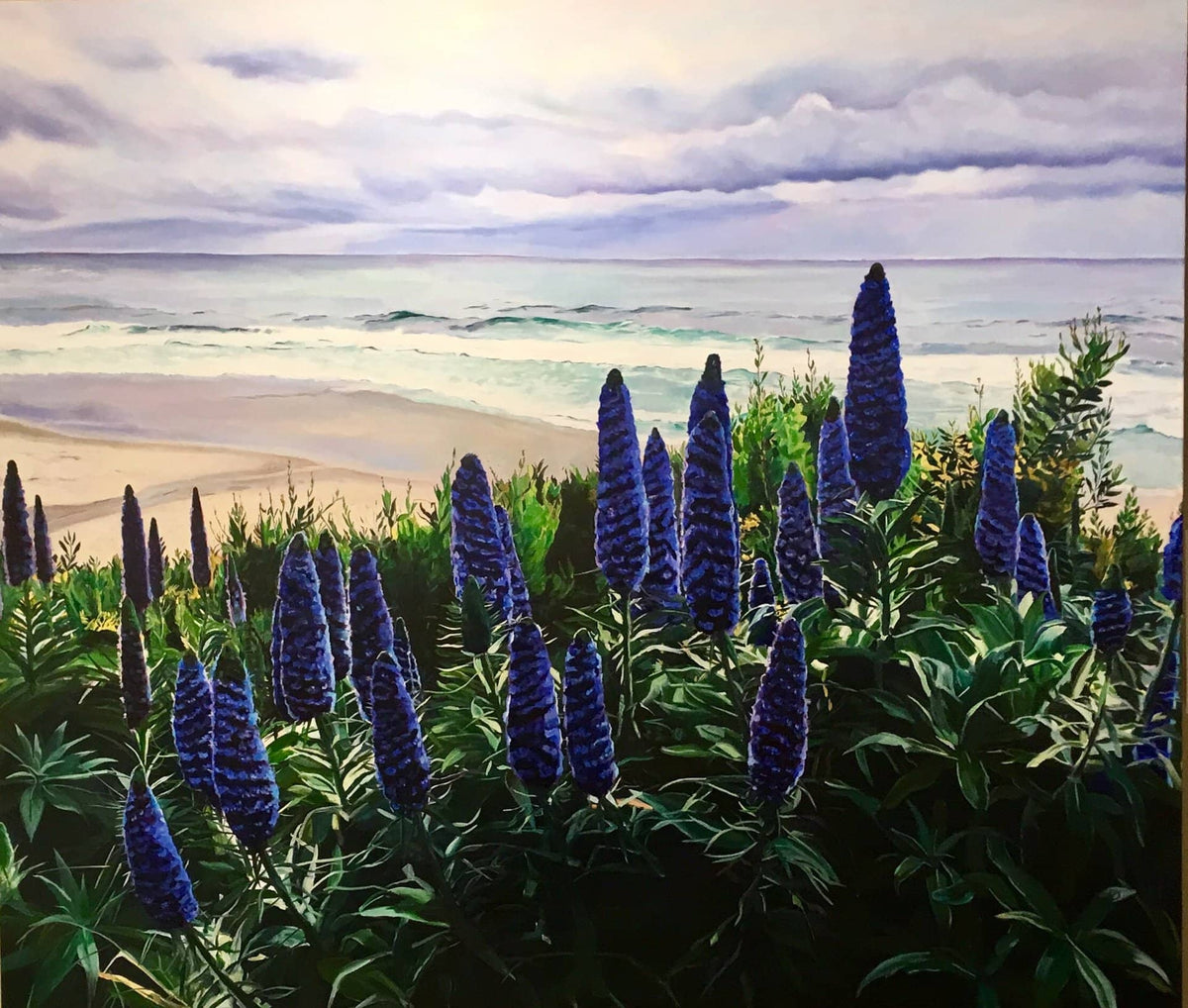 California Seascape painting along the coast of Carmel with strong blue flowers