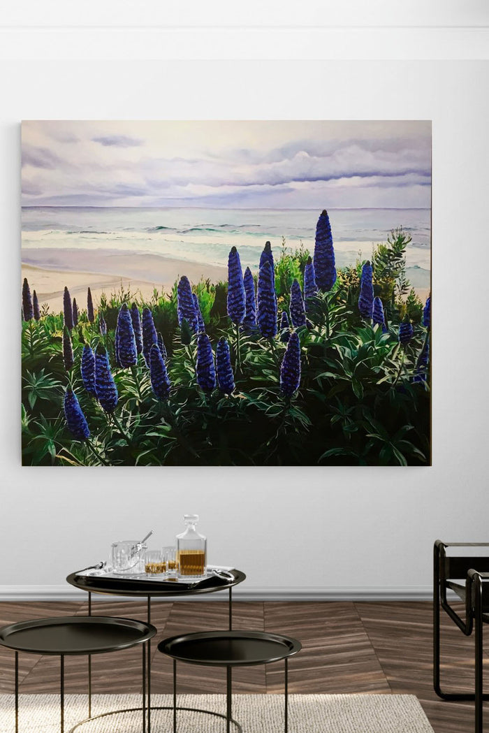 California Seascape Painting with nature adds life to this modern living room