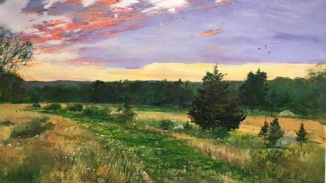 contemporary sunset sky landscape painting of field during Thanksgiving time in New England