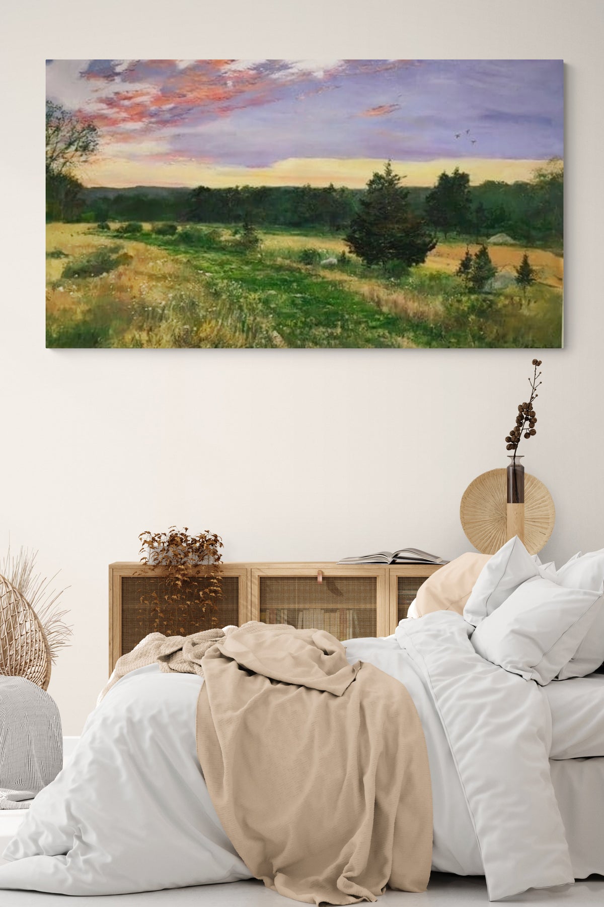 Contemporary Landscape Painting adds nature, sky & sunset to this natural bedroom