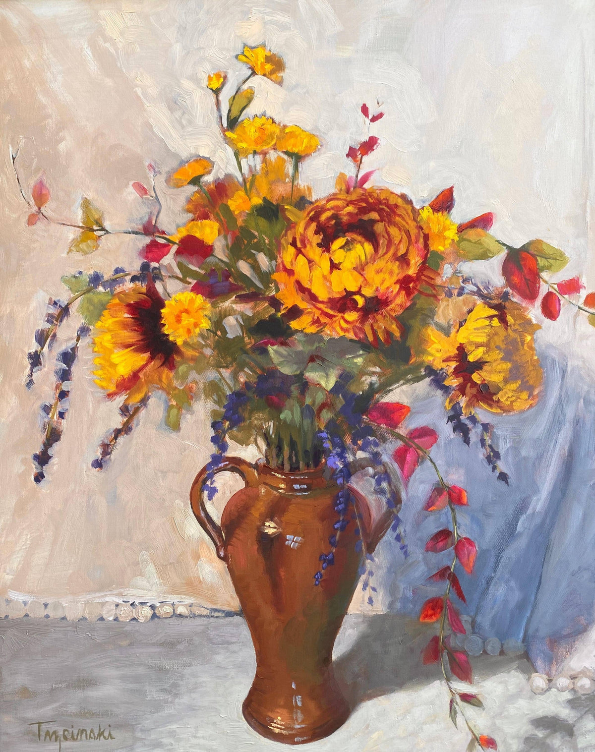 contemporary chrysanthemum floral painting elegantly arranged in vase
