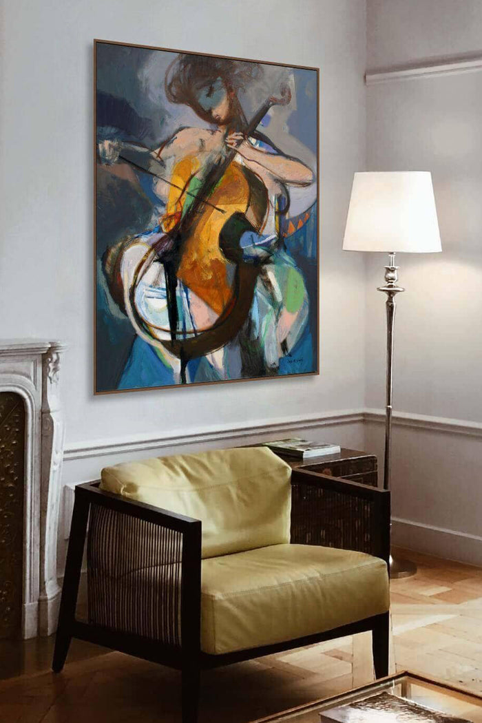 Abstract Musician Painting livens up this contemporary living room with feeling